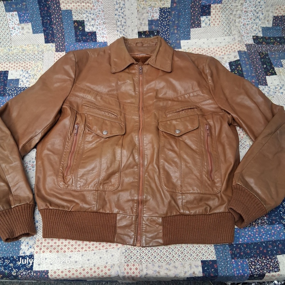 Vintage 80s Bermans Mens 48X Tan Leather Utility Bomber Removable Liner